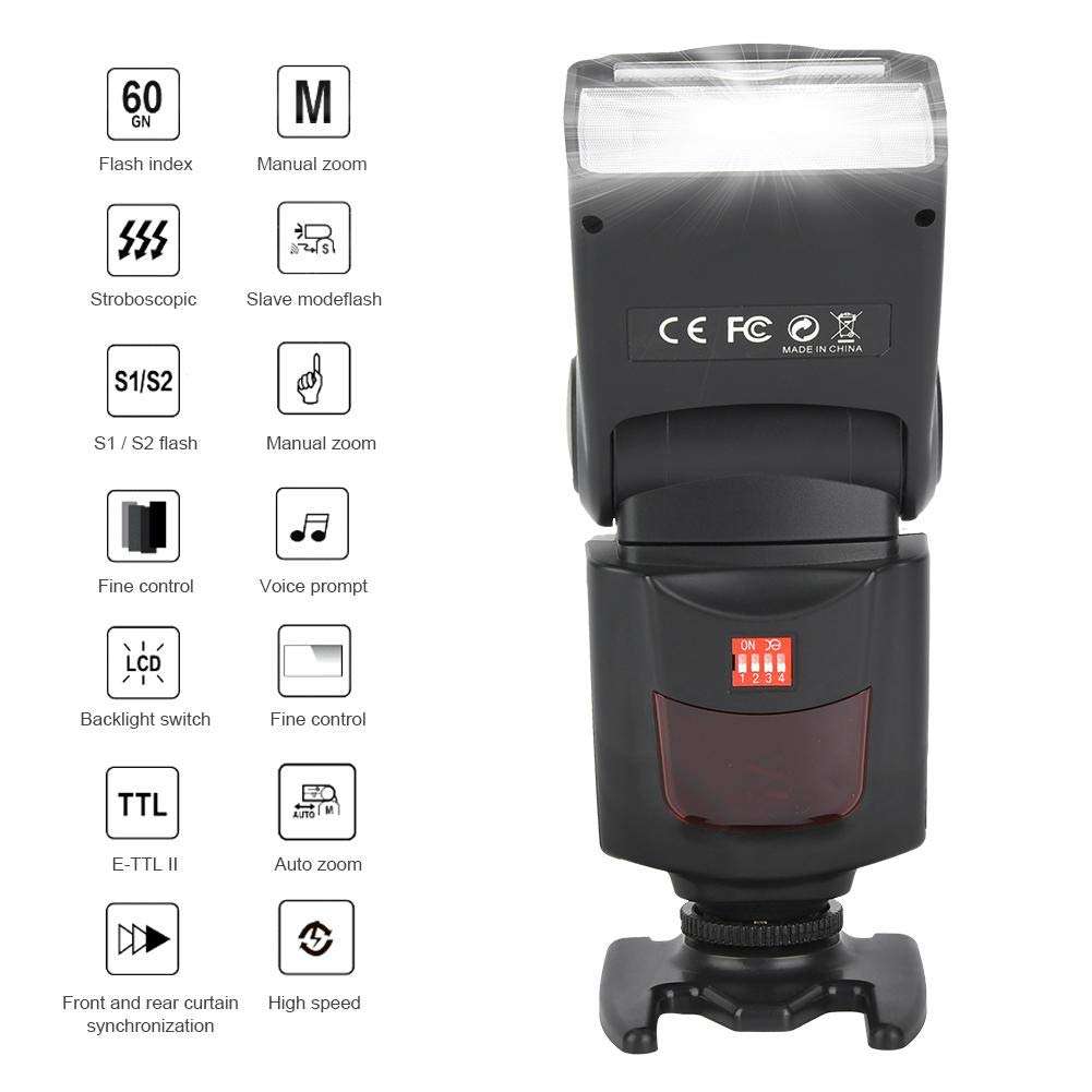 Flash Speedlite, GN60 LED Wireless S1 S2 Flash Mode Automatic Manual Zoom Triggering 1/8000s HSS, E-TTL On-Camera External Flash Light for Canon for Nikon SLR Camera 2