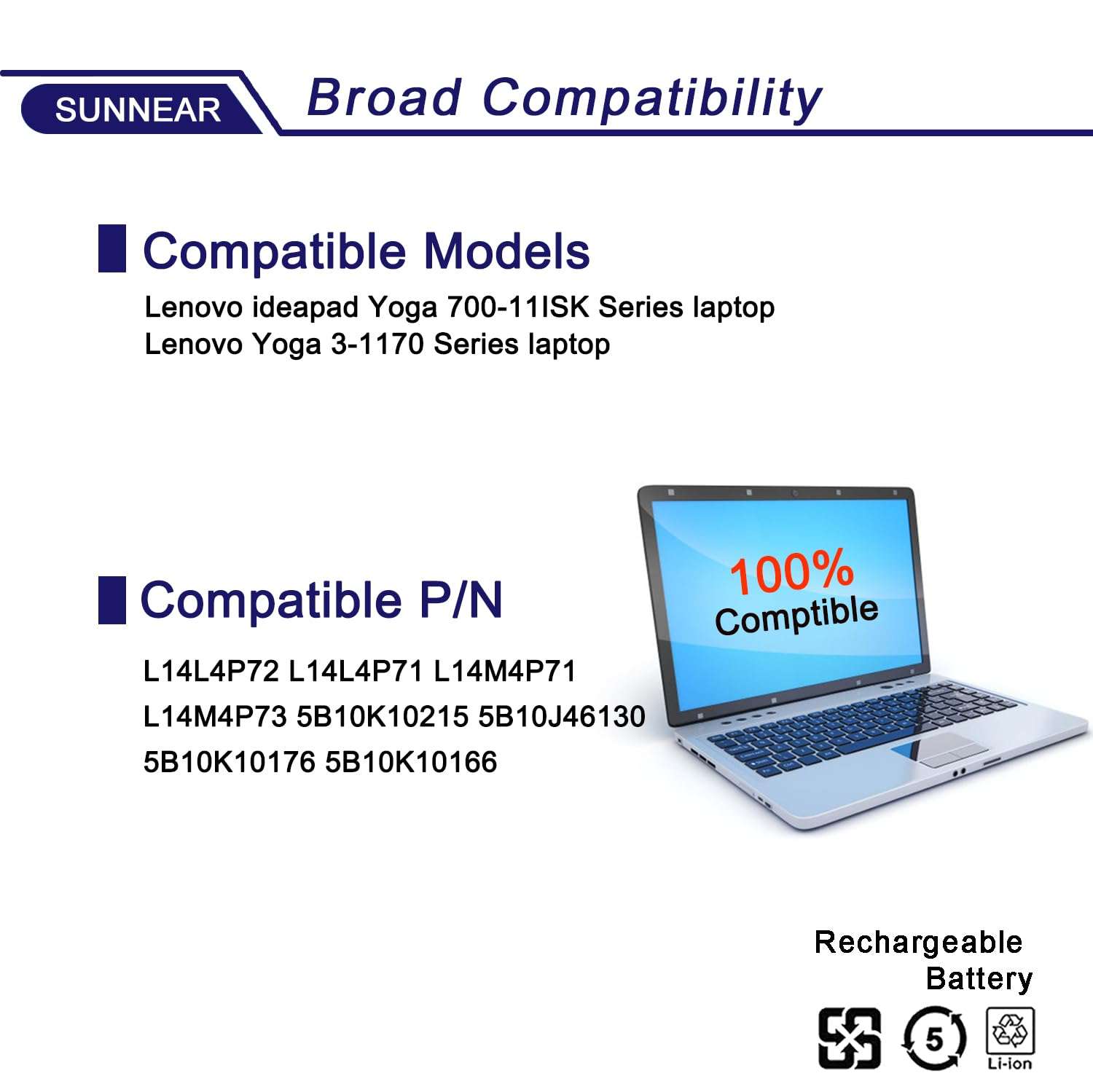 SUNNEAR L14L4P72 Battery Replacement for Lenovo Ideapad Yoga 700-11ISK Yoga 3-1170 Series Laptop 5B10K10215 5B10J46130 5B10K10176 5B10K10166 L14L4P71 L14M4P71 L14M4P73 7.6V 5265mAh 40Wh 4