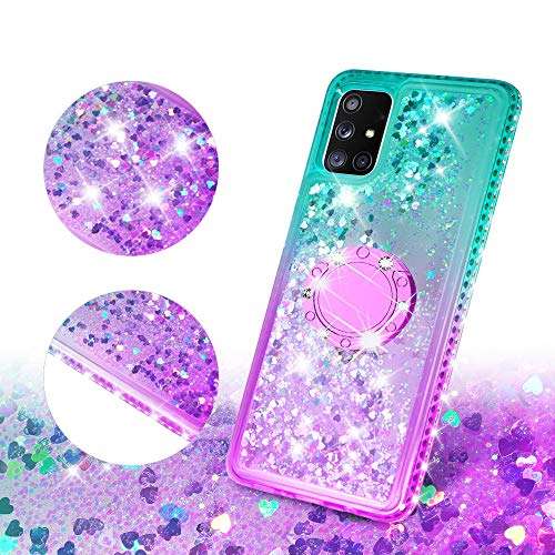SOGA Rhinestone Liquid Quicksand Cover Cute Girl Phone Case Compatible for Samsung Galaxy A51 Case with Embedded Ring for Magnetic Car Mounts and Lanyard - Purple/Teal 3