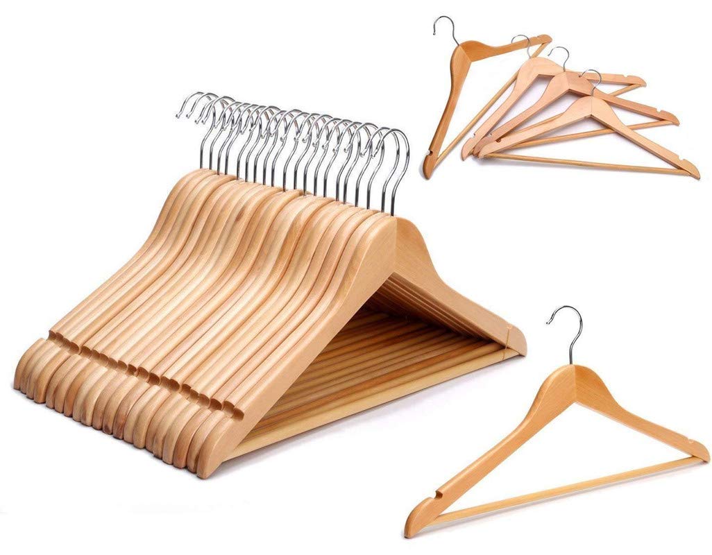 RKR Multi Functional Solid Wooden Natural Finish Hangers for Coat, Suit with 2 Shoulder Notches 360 Degree Swivel Hook (Set of 10)