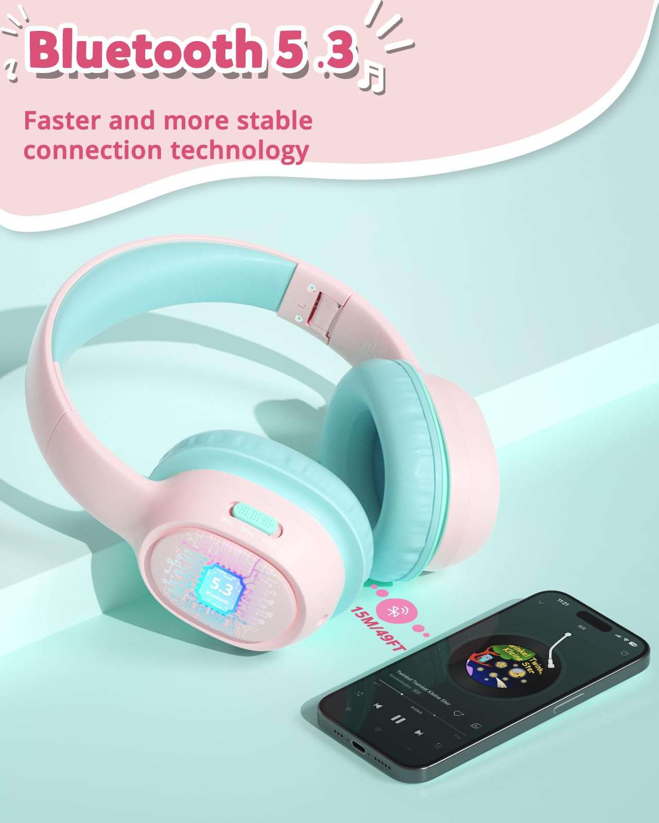 Tronsmart KH02 Kids Bluetooth Headphones Volume Limit 74/85/93dB, 45H Playtime, Bluetooth 5.3, 3.5mm Jack, Foldable, Wireless Headphones with Microphone for School/Travel/Plane (Princess Pink) 4