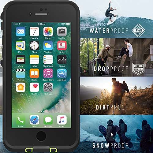 LifeProof iPhone SE (2nd gen - 2020) and iPhone 8/7 (NOT PLUS) FRĒ Series Case - NIGHT LITE (BLACK/LIME), waterproof IP68, built-in screen protector, port cover protection, snaps to MagSafe 6