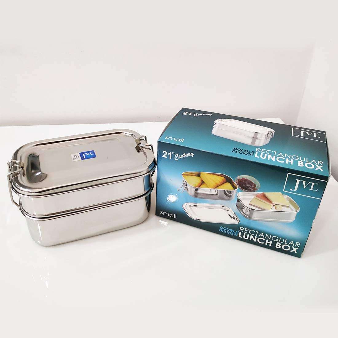 JVL Stainless Steel Rectangular Double Layer Lunch Box with Inner Plate - Small & Chakra Single Layer Lunch Box with Inner Plate - Big Combo for Kids, School, Office - Not Leakproof 4