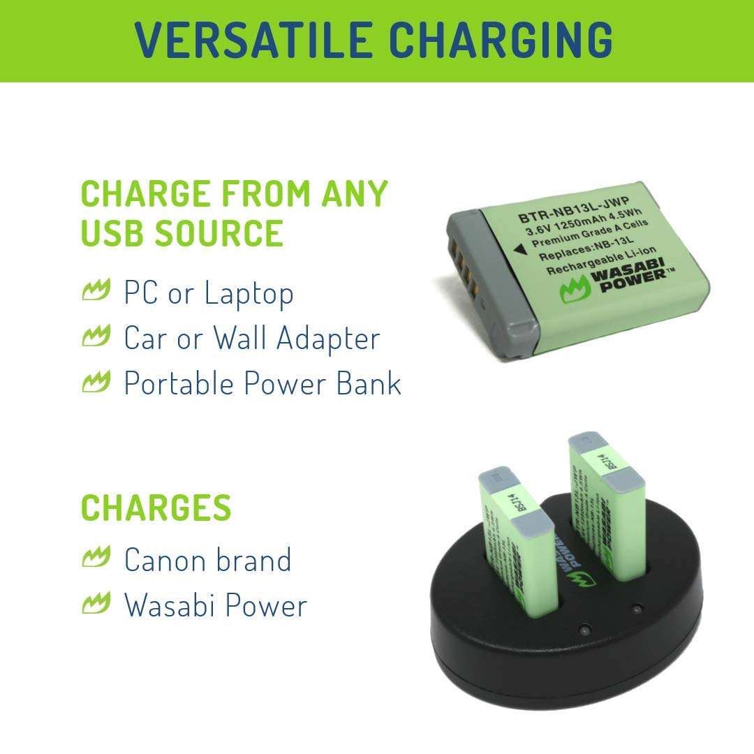 Wasabi Power Battery (2-Pack) Dual Charger for Canon NB-13L, PowerShot G1 X Mark III, G5 X, G5 X Mark II, G7 X, G7 X Mark II, G7 X Mark III, G9 X, G9 X Mark II, SX620 HS, SX720 HS, SX730 HS, SX740 HS 6