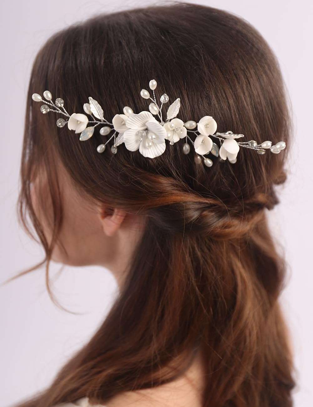 Rumtock White Flower Silver Hair Comb with Pearl Beads Wedding Bridal Jewelry Set Women Special Occasion Hair Piece (Silver) 6