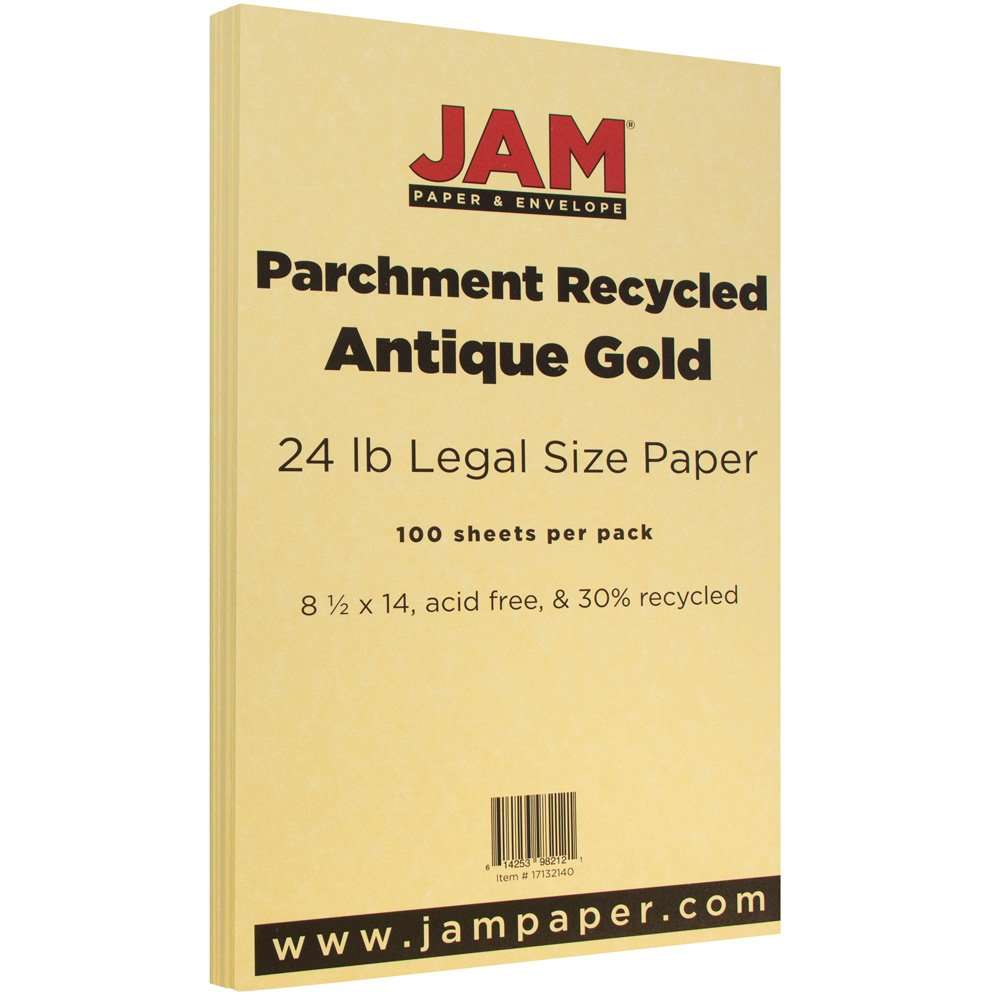 JAM PAPER Legal Parchment 24lb Paper - 90 GSM - 8.5 x 14 - Antique Gold Recycled - 100 Sheets/Pack 2