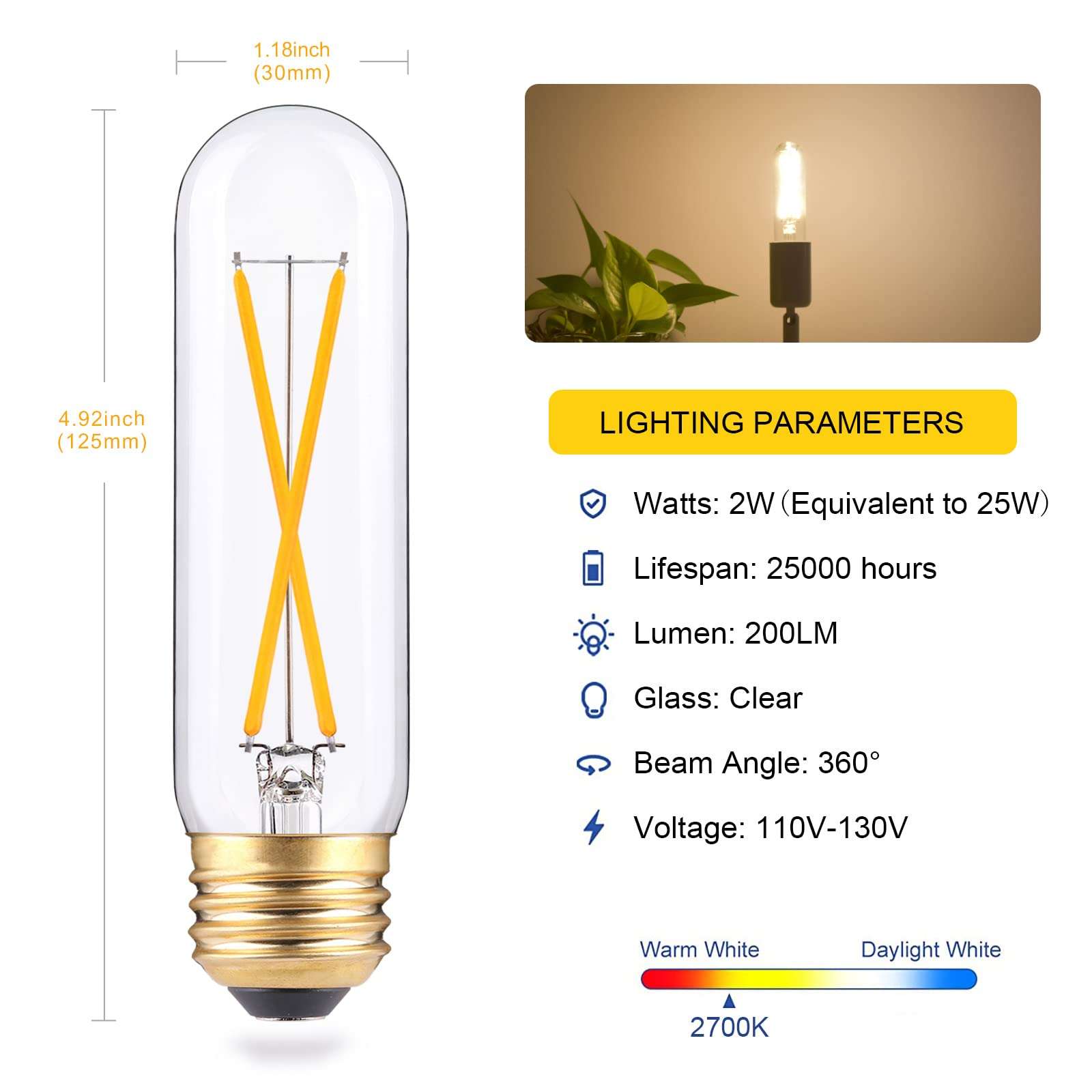 T10 Led Bulbs, 2W Dimmable Tubular Led Bulb,25 Watt Equivalent Edison Style Vintage LED Filament Light Bulb, E26 Long Tube Lamp, 2700K Woft Warm White, 6 Pack 3