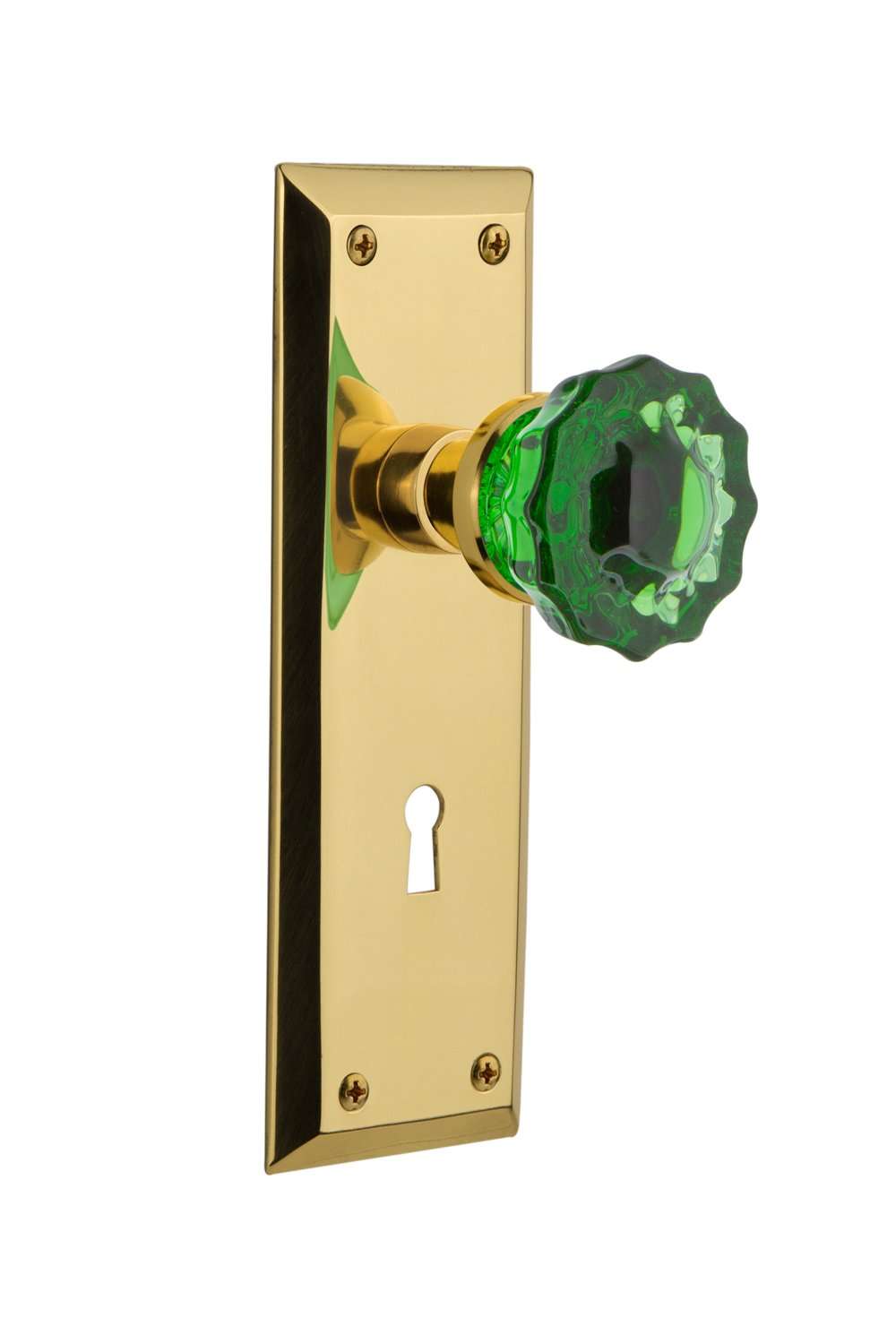 Nostalgic Warehouse 725759 New York Plate with Keyhole Privacy Crystal Emerald Glass Door Knob in Unlaquered Brass, 2.375