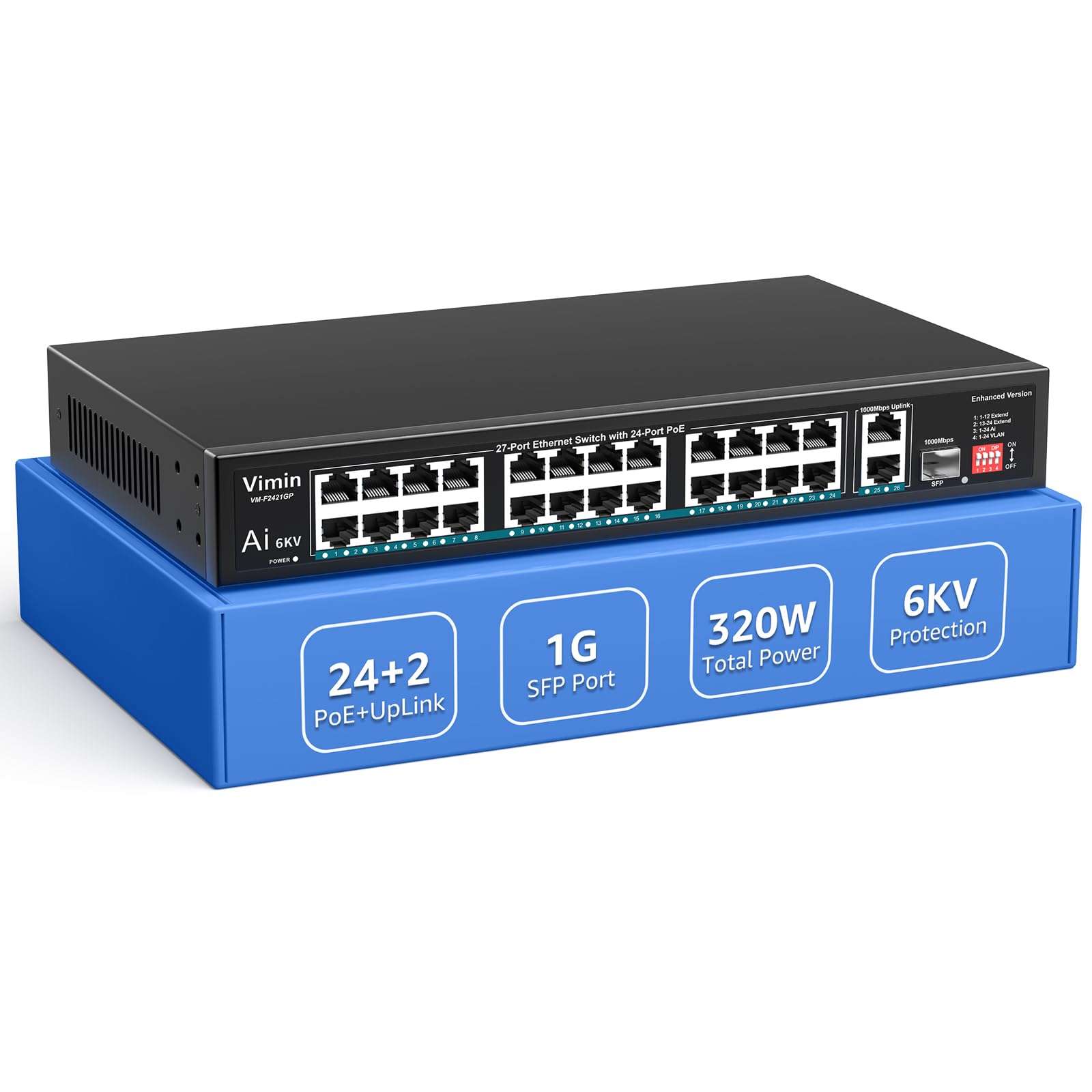 24 Port 10/100Mbps Fast Ethernet PoE Switch+2 Uplink Gigabit Ports+1 SFP, VIMIN 27 Port Unmanaged Switch Gigabit Up to 30W, Total Budget 300W,VLAN, Support IEEE802.3af/at 1