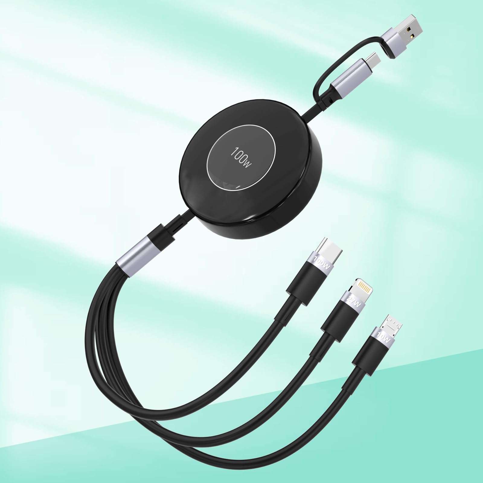 USB C Retractable Multi 5-in-1 USB A/Type C to Lightnning+USB C+Micro iPhone Charging Cable,100W+27W+10W PD Fast Multiple Charger Cord for iPhone 15 14 13 12/Samsung S23/iPad Pro/MacBook-Black