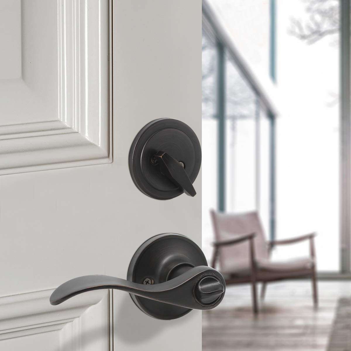 Gobrico Entry Door Lever Sets and Single Cylinder Deadbolt Combo Set with Same Keys Front Entrance Door Handles with Lock 3 Pack Door Locksets in Oil Rubbed Bronze 4