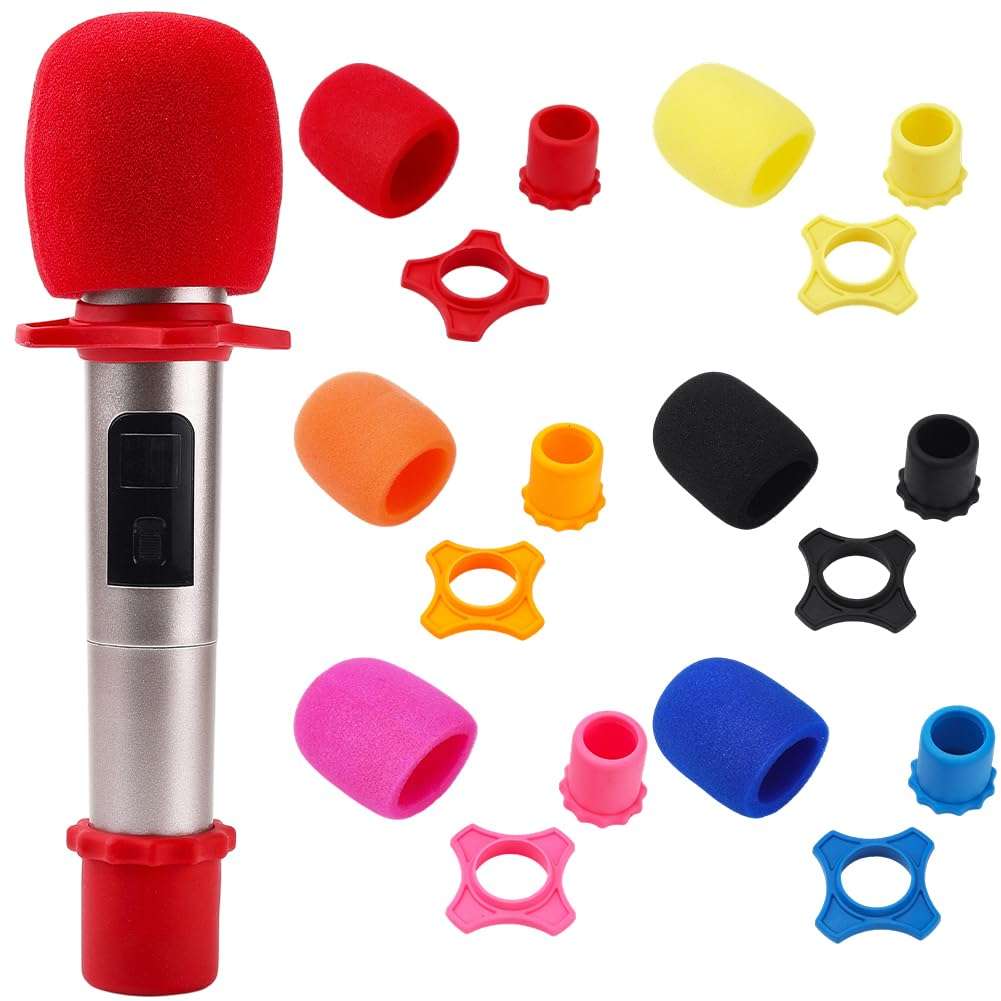 CREATCABIN 8 Sets 6 Colors Microphone Silicone Sleeve Sponge Microphone Cover Colorful Column Handle Hygienic Mic Mike Karaoke Windscreen Protectors Sleeves for KTV Karaoke Bar News Interview Mic 1
