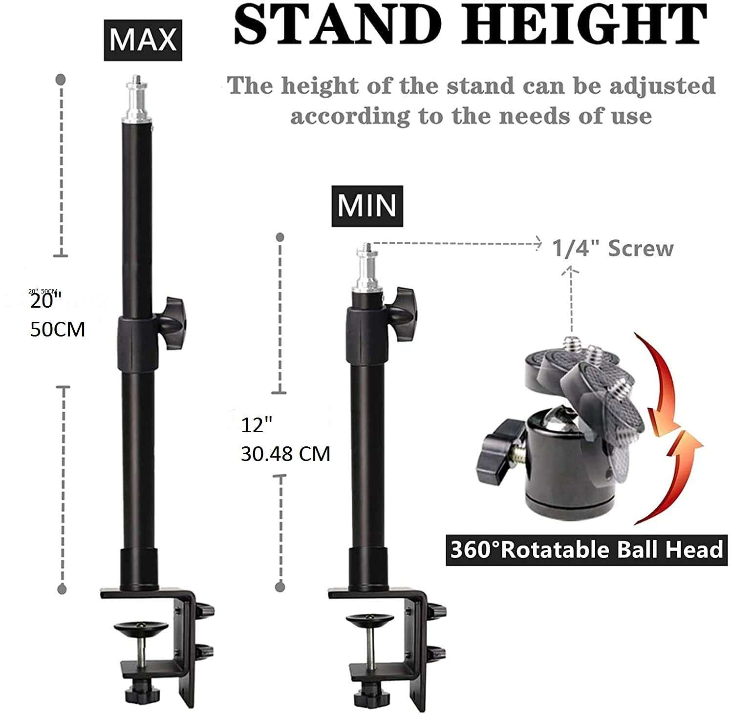 SHOPEE Desk Mount Stand, 12-20inch Tabletop C Clamp Mount Stand, Adjustable Table Meral Light Stand with Standard 1/4" Screw Tip for DSLR Camera, Ring Light, Video Light, Panel Light 4