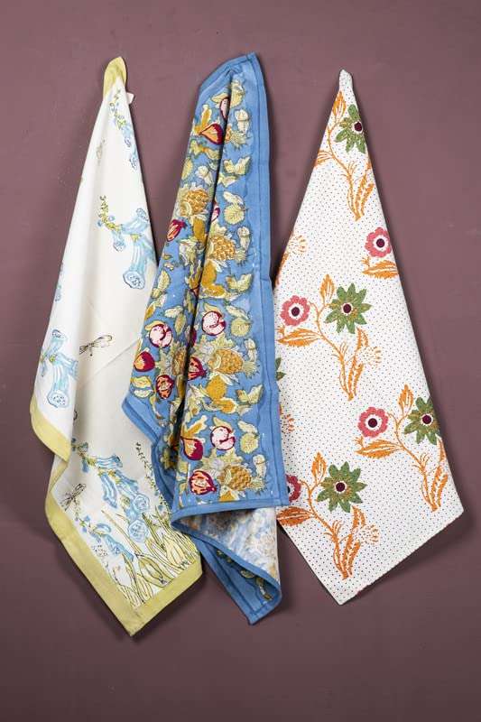 CONTRAST LIVING Yanjal Hand Block Printed Kitchen Towel/Dish Towel/Hand Towel Multi Color Set of 3 Pcs 1