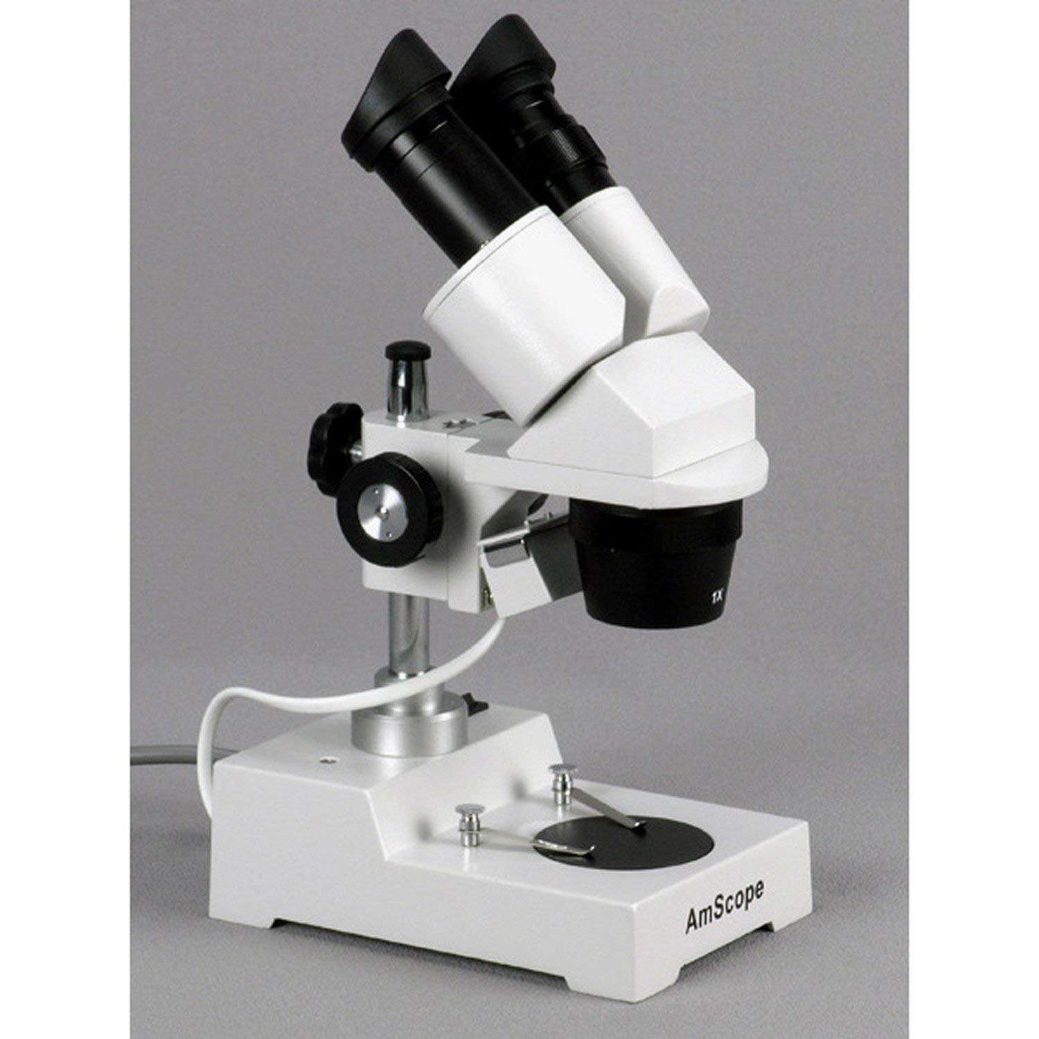 AmScope SE303-P Binocular Stereo Microscope, WF10x Eyepieces, 10X and 30X Magnification, 1X and 3X Objectives, Tungsten Lighting, Reversible Black/White Stage Plate, Pillar Stand, 110V 3