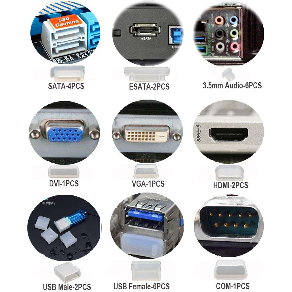 37 PCS 17 Types Anti Dust Plugs Computer Port Dust Plugs, Silicone Dust-Proof Stoppers/Plugs for Computer PC Case Box Laptop Port, Dust Covers Stoppers, for VGA DVI HDMI USB COM LPT DP RJ45 (White), AYD-DP03 3