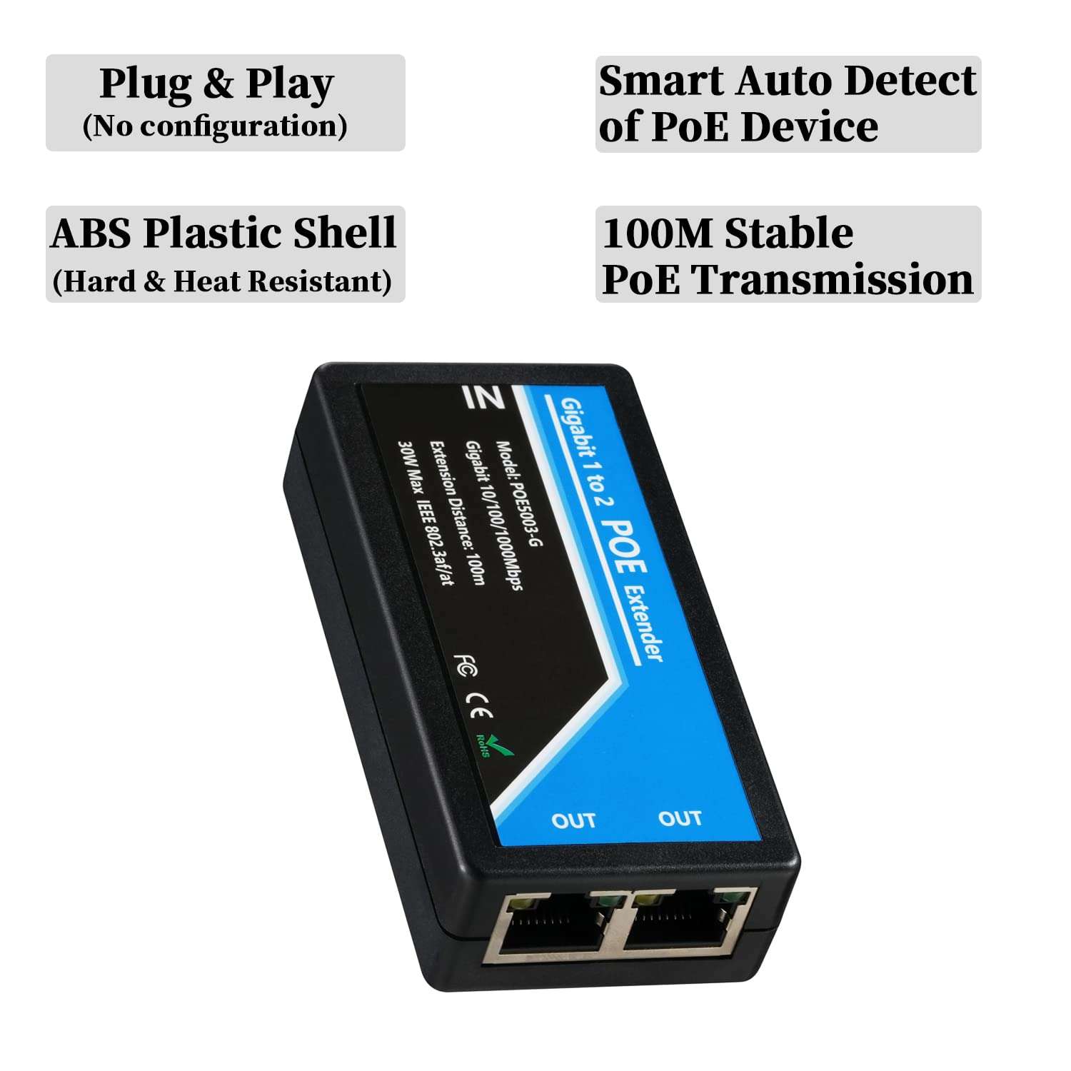 Revotech Gigabit 2 Port POE Extender, IEEE 802.3af/at PoE+ Standard, 10,100,1000Mbps, POE Repeater 100 Meters(328 ft), Extender 1 in 2 Out, Power Supply for PoE Camera/PoE Device (POE5003-G) 4