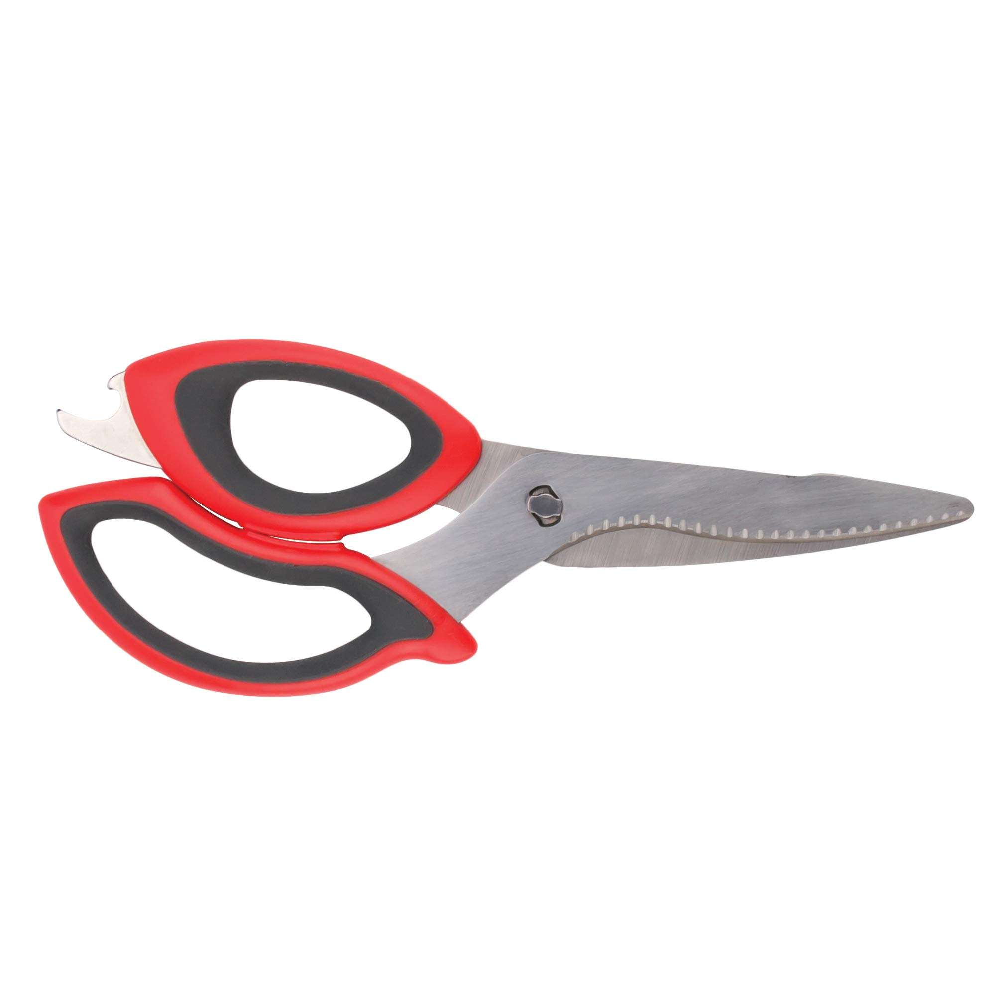 Tovolo Shears with Comfort Grip Handles & Built-in Bottle Opener Heavy Duty Kitchen Scissors with Micro-Serrated Blade, Printed Measurement Guide, Dishwasher Safe & BPA-Free, One Size, Red 1