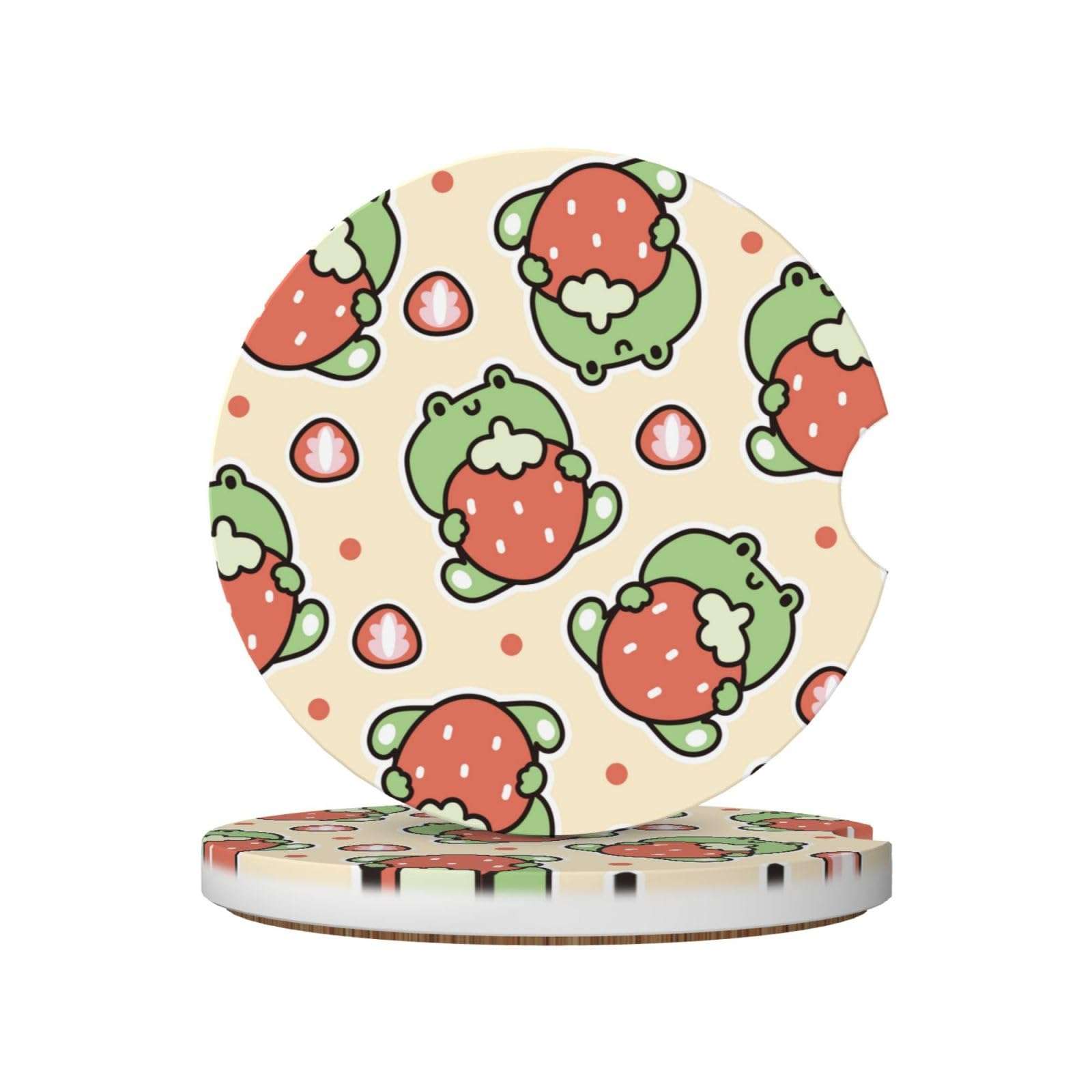 Xiso Ver Frog Hold Strawberry Car Cup Coasters 2 Pack Ceramic Cup Holders 2.56" Cork Base Drink Coasters with Finger Notch for Easy Move of Car Cup Holder 1