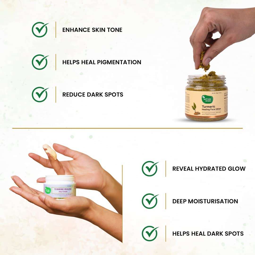 Mother Sparsh Turmeric Healing Skin Care Combo | With Healing Face Ubtan 75g | Healing Day Cream 40g | For Dark Spots | Hyper Pigmentation & Radiant Complexion 3