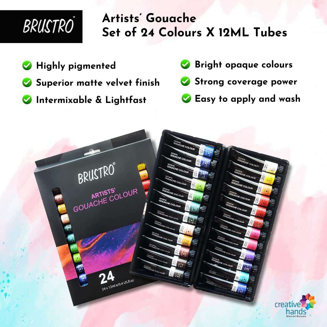 BRUSTRO Artists Gouache Colour Set of 24 (12ML Tubes Each) + Synthetic Brush Set of 15 4