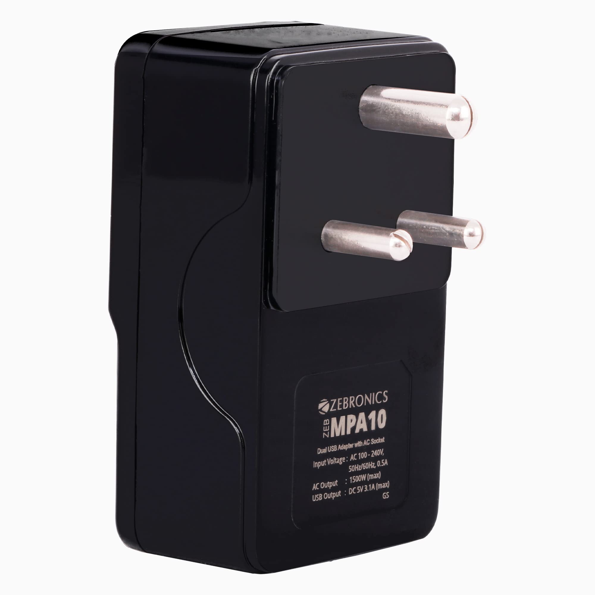ZEBRONICS ZEB-MPA10 Dual USB Adapter with AC Socket,5V 3.1 A Output (Black) 3