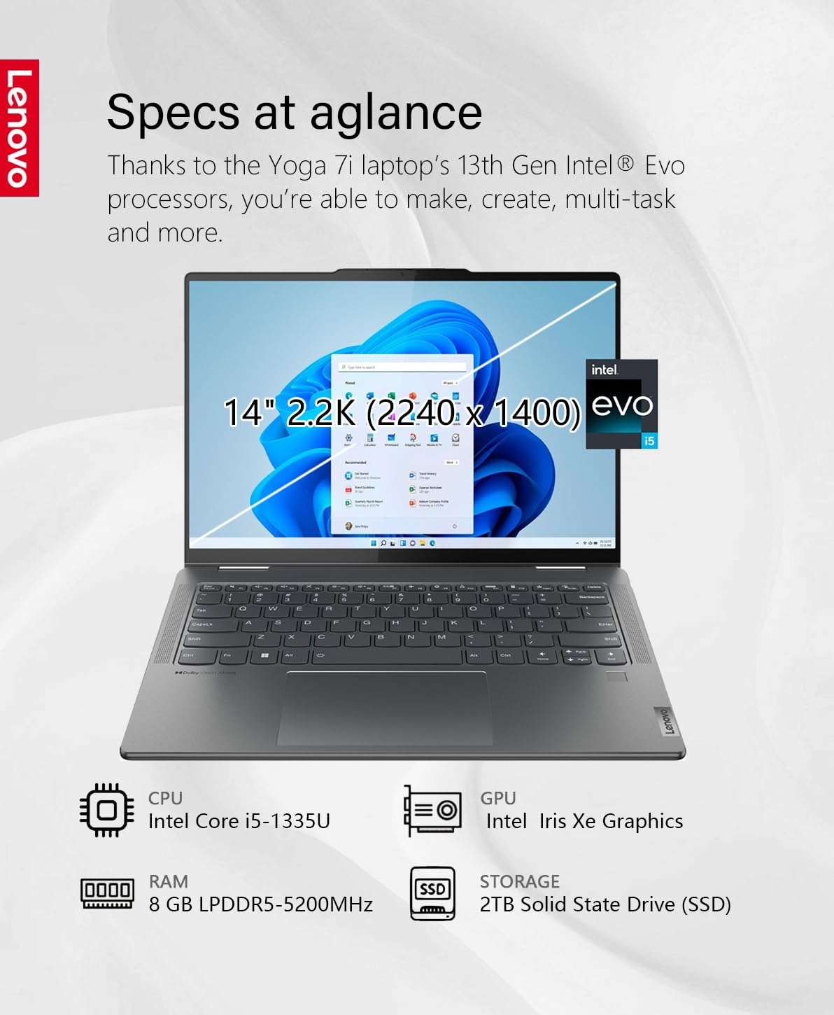 Lenovo Yoga 7i 2-in-1 Laptop, 14" 2.2K IPS Touchscreen, Intel Core i5-1335U (10 core), 8GB RAM, 2TB SSD, Intel Iris Xe Graphics, Backlit Keyboard, Wi-Fi 6E, Windows 11 Home, Storm Grey, W/GaLiMu 3