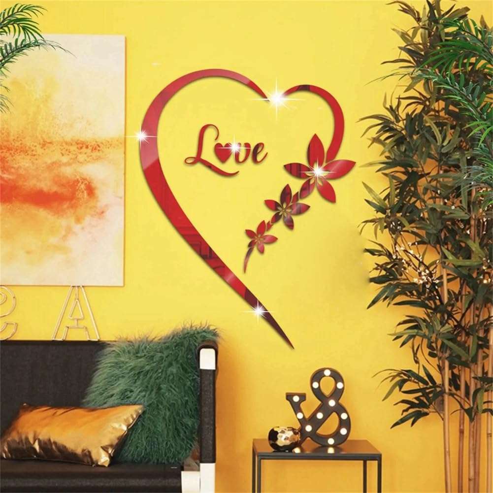 Bloepum 2pcs Love Acrylic Mirror Stickers Heart-Shaped Bedroom Living Room TV Background Wall Home Decoration Red 4