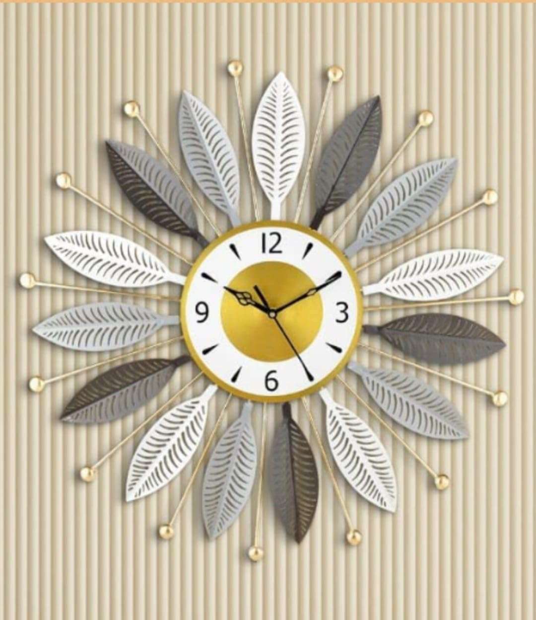 FUNTEREST Luxury Metal Wall Clock for Living Room | Decorative Sunburst Leaf Design Wall Clock | Silent Quartz Movement | Modern Home & Office Décor (55X55 Cm) (Gold, Grey & Brown) 1