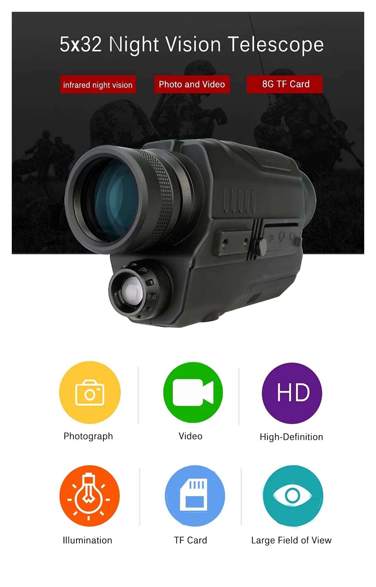 Monocular Night Vision 5X32 Optic Scope Infrared Digital Night Vision HD Telescope Scope with Take Photo/Video Recording/Playback/Function for Outdoor/Surveillance/Security/Hunting/Hiking - Free 8G Me 4