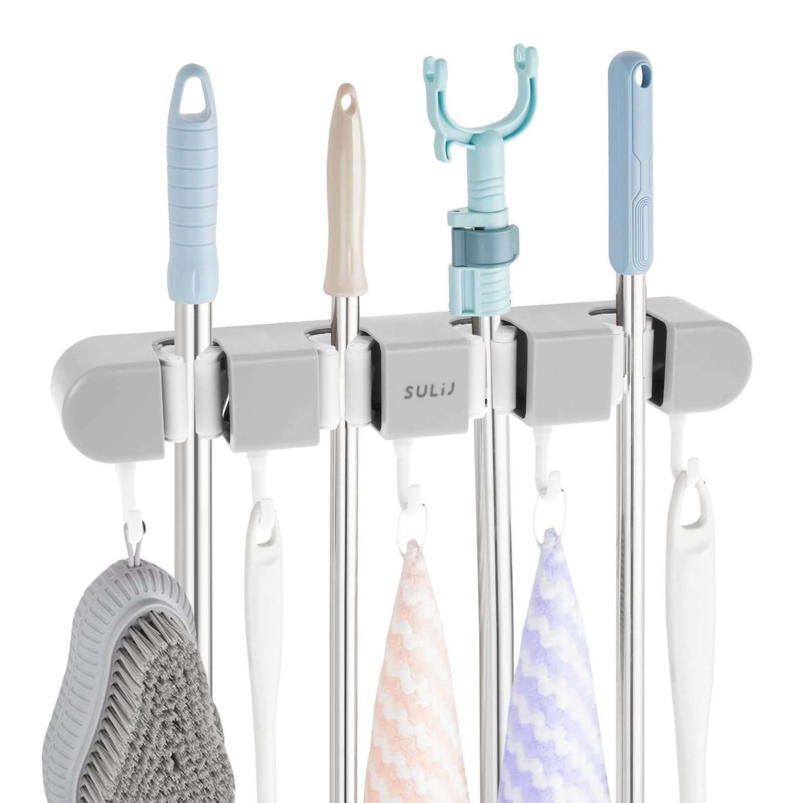 6PCS 4 Racks and 5 Hook Broom Mop Holder with Hooks Wall Mounted Broom Storage Rack No Drilling Self-Adhesive Mop Broom Organizer Mop Holder Hanger for Bathroom Office Kitchen Closet Garage,Gray