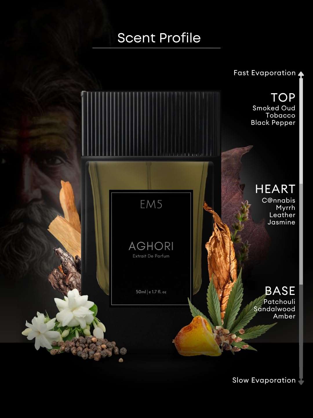 EM5 Aghori Extrait De Parfum (38%) Spray for Men | Earthy, Woody, Smoky & Animalic Perfume | Raw, Dominating, Intense & Rustic Scent | Strong & Long Lasting Fragrance | 68% Natural Absolutes & Essential Oils | 50 ml 3