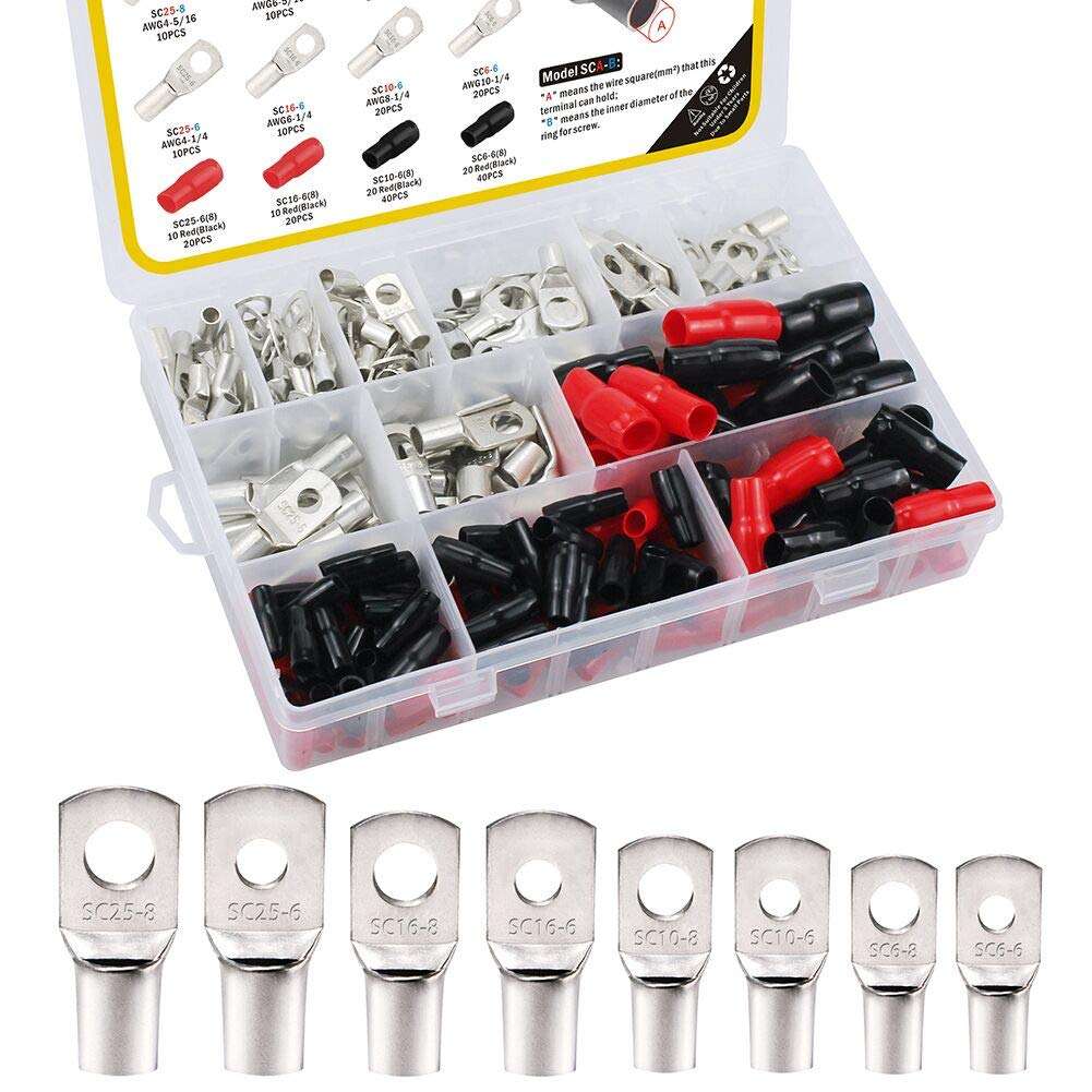 FIXITOK 240pcs Tinned Copper Eyelets Tubular SC Ring Terminals Assorted Kit with Insulating Sleeve, Marine Grade Heavy Duty Wire Lugs Battery Cable Ends Connectors (SC6-6/8 10-6/8 16-6/8 25-6/8) 1