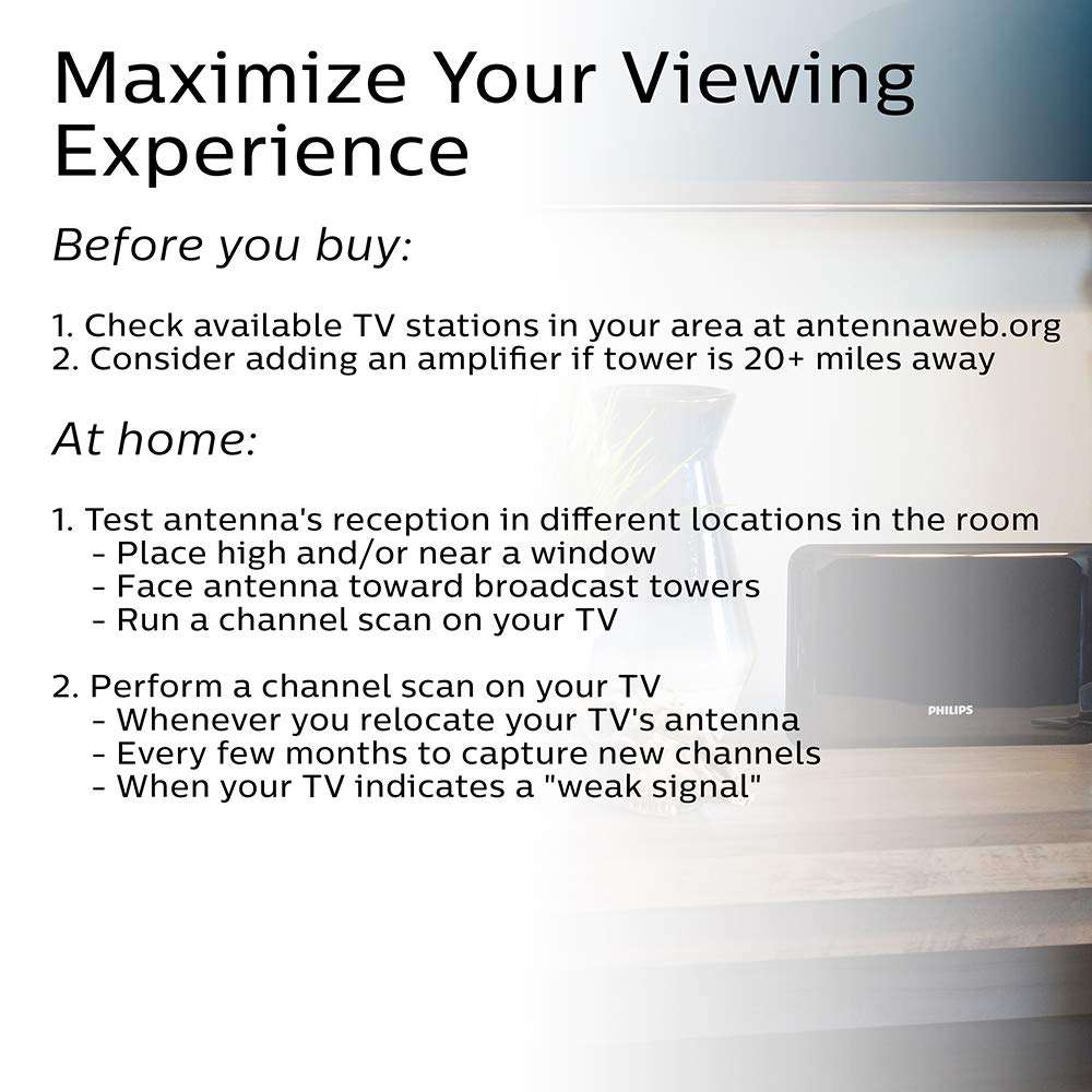 Philips Black Indoor TV Antenna, Perfect Home Decor Long Range Antenna, Digital, HDTV Antenna, Smart TV Compatible, 4K 1080P VHF UHF, 6Ft Coaxial Cable, Amplifier, Signal Booster, Dipoles, SDV8311B/27 4