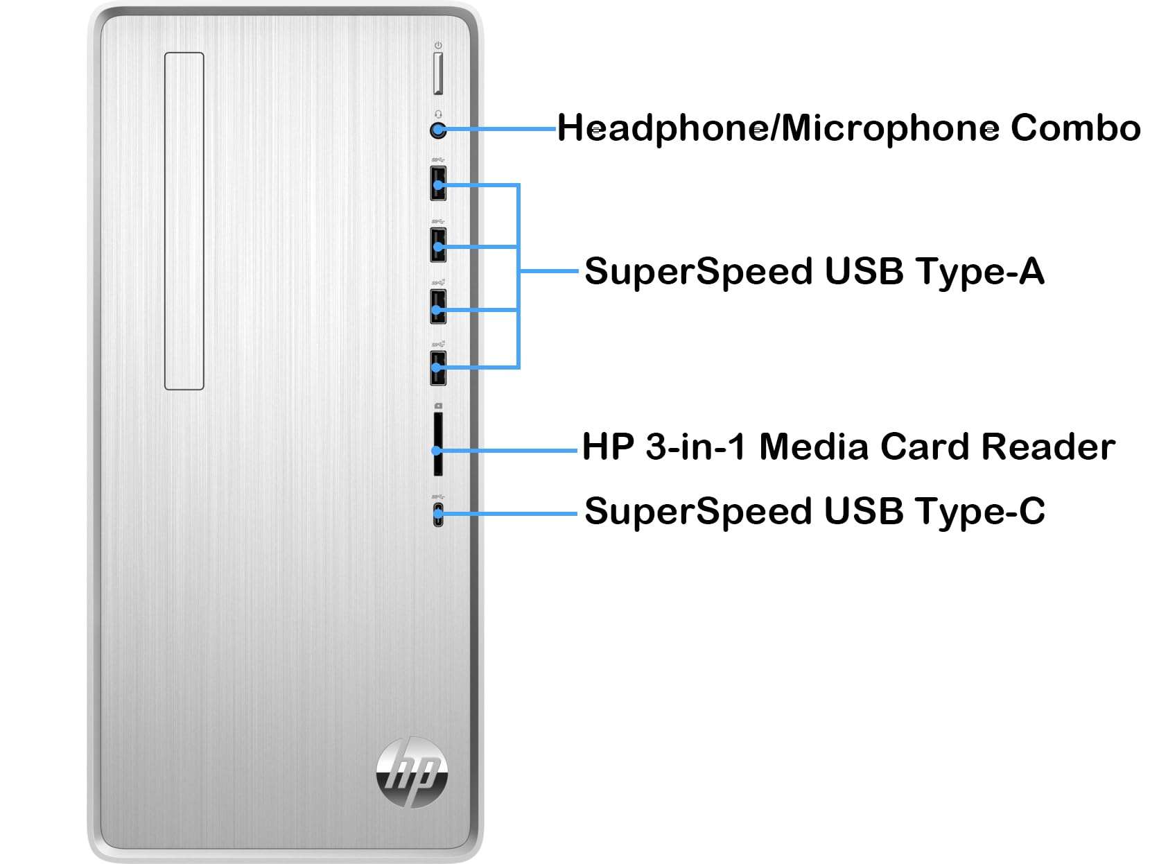 HP Pavilion Desktop, AMD Ryzen 5 5600G, 8GB RAM, 1TB HDD, 256GB SSD, Windows 11 Pro, HDMI, Wi-Fi 5, Bluetooth, USB Ports, Natural Silver, PCM 4