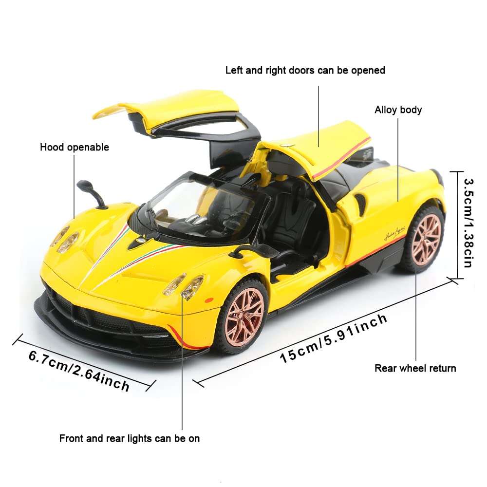 chengchuang Diecast Toy Car Collectible Pagani Huayra Dinastia Sports Car Model,1:32 Scale Zinc Alloy Simulation Casting Pull Back Vehicles with Lights and Music for Toddlers Kids Children (Yellow) 3