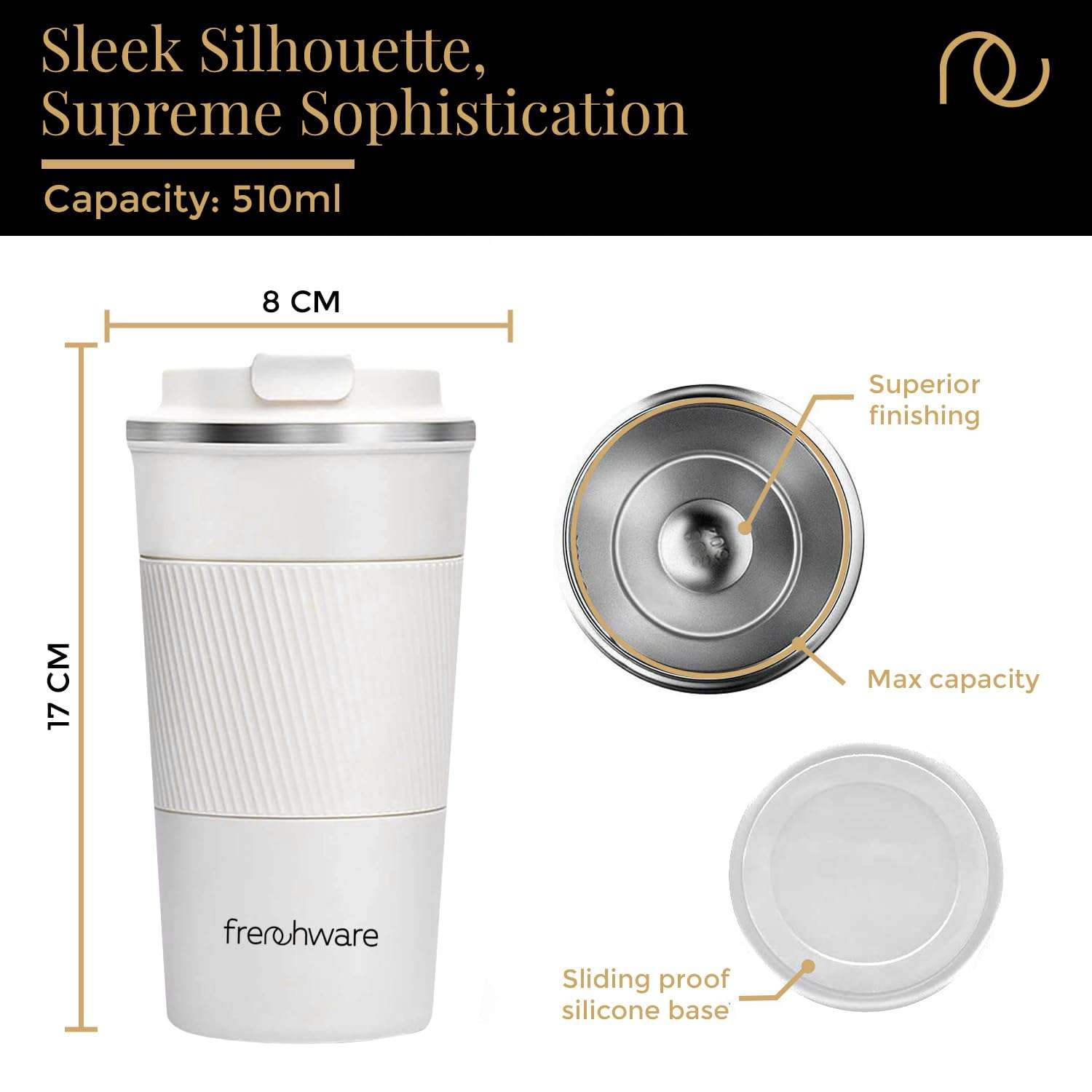 Frenchware Stainless Steel Vacuum Insulated Mug, Travel Coffee Mug with Leakproof Lid, Reusable for Hot & Cold Coffee Water Tea, 3 Hours Hot & 8 Hours Cold, Non-Slip Protective Cover (510 Ml, White) 5