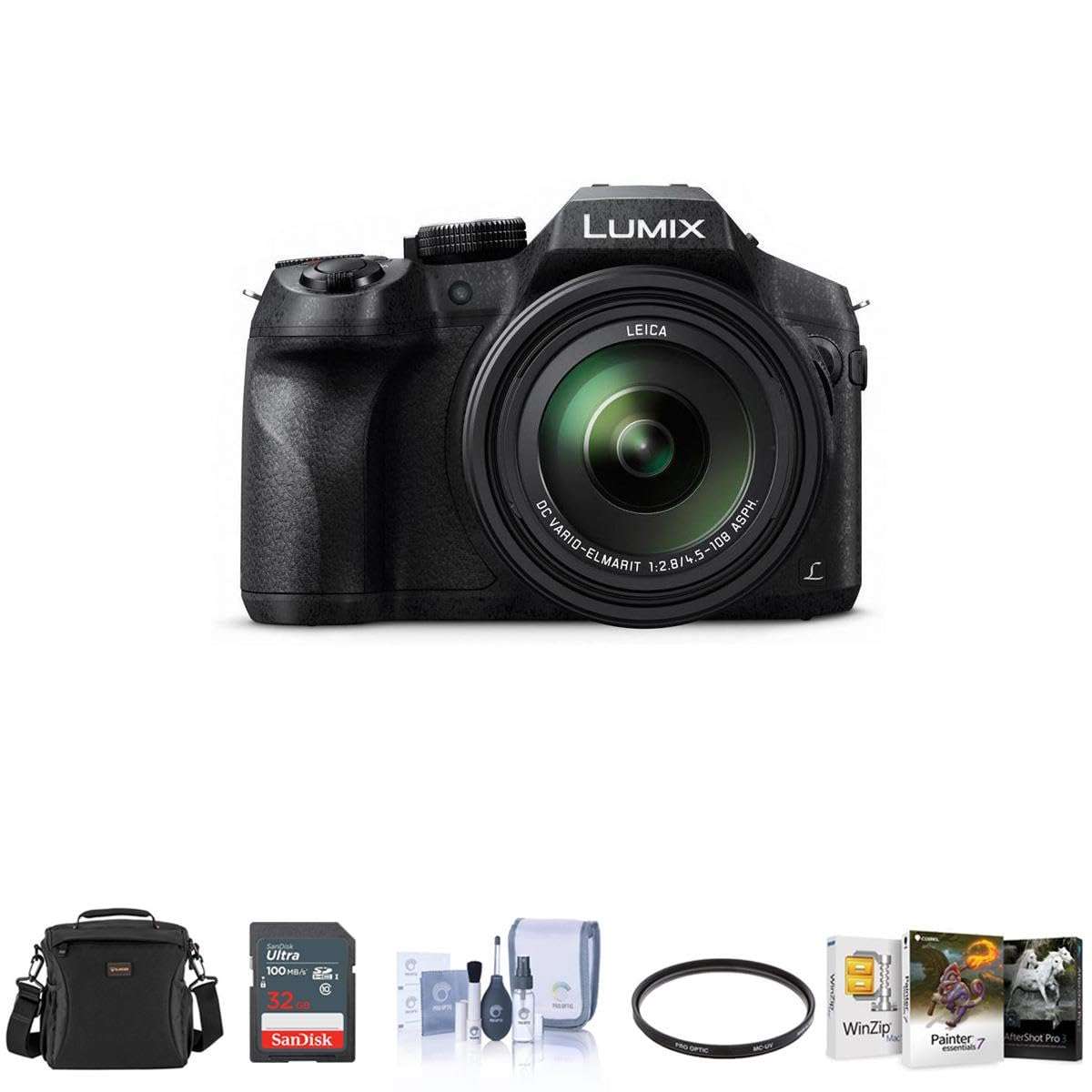 Panasonic Lumix DMC-FZ300 Digital Camera, 12.1 Megapixel, 1/2.3-inch Sensor, 4K Video, Splash/Dustproof Body, 24X Zoom Lens F2.8 Bundle with Bag, 32GB SD Card, Mac Software Pack, Filter, Cleaning Kit 1