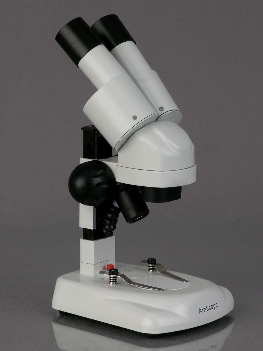 AmScope SE120 Portable Binocular Stereo Microscope, WF10x Eyepieces, 20X Magnification, 2X Objective, LED Lighting, Reversible Black/White Stage Plate, Track-Controlled Table Stand, Battery Powered 4
