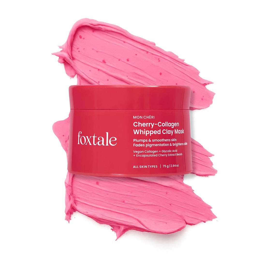 Foxtale Cherry-Collagen Whipped Clay Mask | Vegan Collagen + Glycolic Acid + PHA + Cherry Beads | Hydrates, Plumps & Firms Skin | Detoxifies Pores, Brightens & Smooths Dull, Uneven Skin | 75g 1
