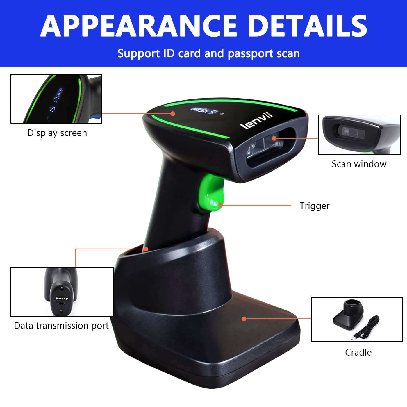 LENVII CW770 Bluetooth Barcode Scanner with Wireless Screen and Base 2D Barcode Scanner Handheld QR Code Scanner Wired one-Dimensional Barcode Scanner for Stores, supermarkets, and Warehouses 5