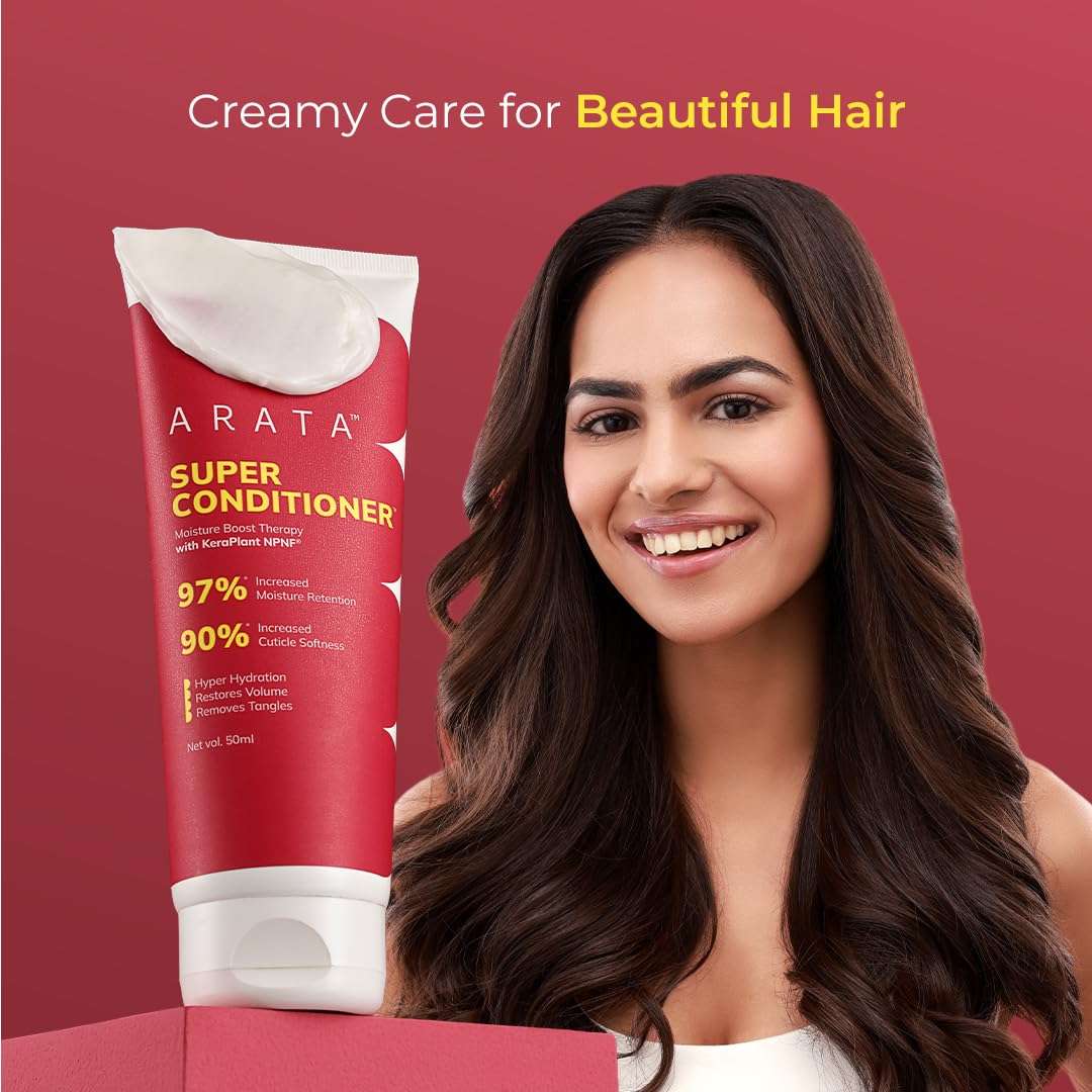 Arata Super Conditioner For Frizzy Hair | Increases Hydration by 97%,Softness by 90% | With Keratin & Rice Water for Smooth, Shiny Hair | Hair Conditioner for Women & Men | For All Hair Types | 50ML 6