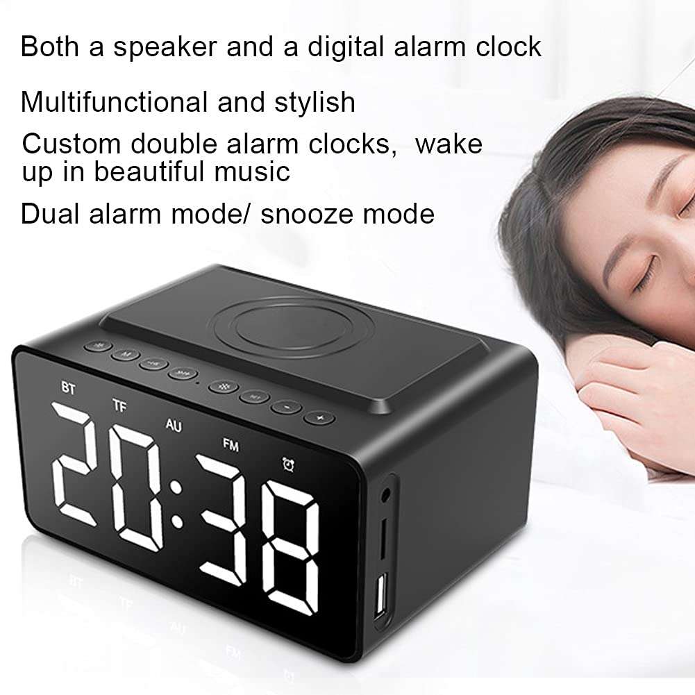 Digital Alarm Clock, Bluetooth Wireless Music Speaker, 2 in 1 HD Bluetooth Speakers and Bluetooth Speaker with Built-in FM Radio for Bedroom Office Bedside Mobile Phone Chargeable(Black) 5