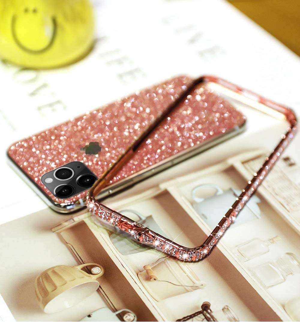 Case for iPhone 11 Pro Cover,Girl Women Luxury Sparkly Bling Glitter Rhinestone Diamond Metal Button Bumper Case Cover & Shiny Glitter Sticker Protective Cover for iPhone 11 Pro Diamond Case,Rose Gold 5
