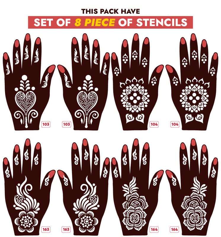 Apcute Set of 8 Piece Mehandi Design Sticker Stencils for Both Hand | Henna Tattoo | Quick and Easy to use, for Girls, Kids, Women - Design-Set8-A-103-104-163-164 4
