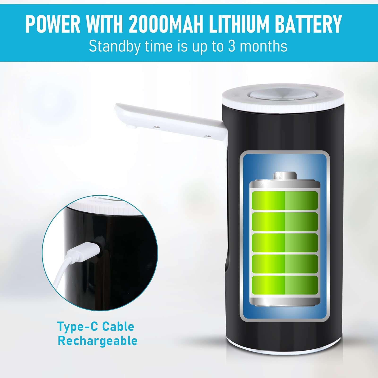 Water Bottle Pump, 2000mAh Battery USB Water jug Pump for 5 Gallon Water Pump,Portable Automatic Water Dispenser Pump for Home Office RV Camp (Foldable) Black 4