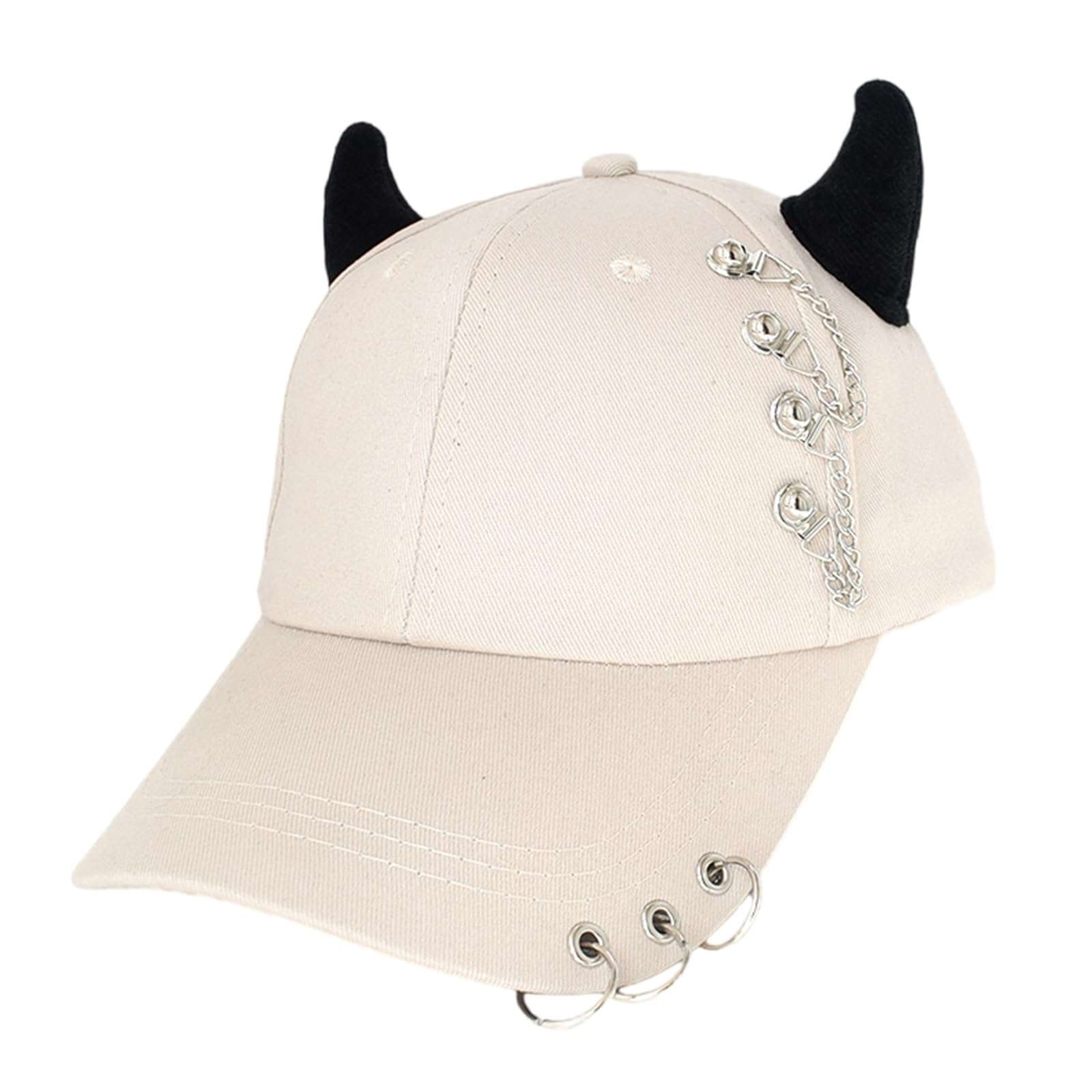jojnsha Stylish Black Chain Cotton Baseball Caps with Metal Iron Rings Adjustable Strap Breathable Unisex Hip Hop Caps Hat, Beige, 20*15*2cm 1
