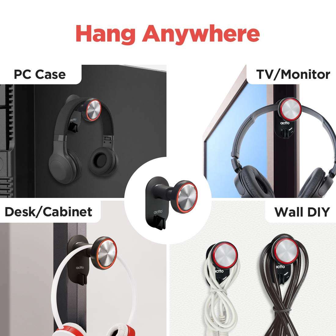 actto Extensible PC Gaming Headset Headphone Hook Holder with Cable Clip 3M VHB Tape, Cable Organizer, Universal Stand for All Brands, Earbuds, Earphones, Wall Under Desk, Headset Holder Mount 3