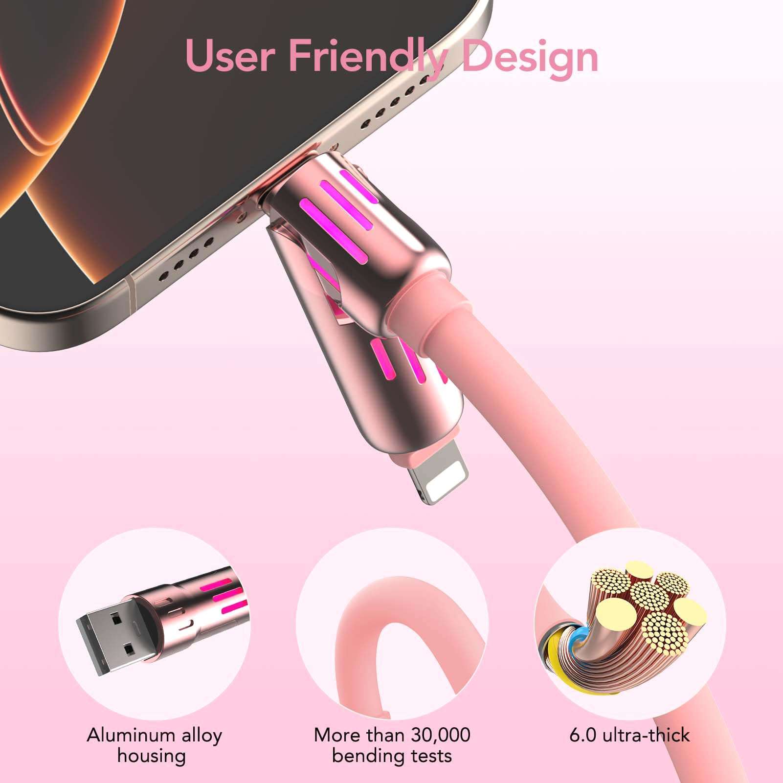 MFish 4-in-1 Multi USB Charging Cable -MAX 240W Fast Charging/Charger Cord with USB A+Type C for iPhone 16/15 14 13 iPad Samsung Galaxy MacBook iPad Tablets and More (Pink, 6.6Ft) 4