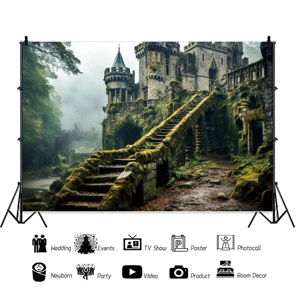 ChloropLastid 10x8ft Enchanted Castle Backdrop Medieval Forest Vintage Smoky Green Jungle Trees Meadow Magic Mysterious Photography Background Adventure Camping Drama Show Party Decor 6